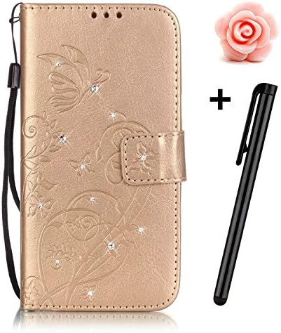 iPhone 6S Plus Bling Wallet Case,Tebeyy Slim Premium [Leather Wallet],Flip Book Cover with Kickstand,[Magnetic Closure],[Card Slots],for Apple iPhone 6 Plus/6S Plus 5.5",Luxury Bling Diamond Rhinestone Elegant Pressed Butterfly Rose Flower Design Genuine Pu Leather Pouch Protective Case Cover for iPhone 6 Plus/6S Plus+Free Flower Dust Plug+Free Stylus-Flower,Gold