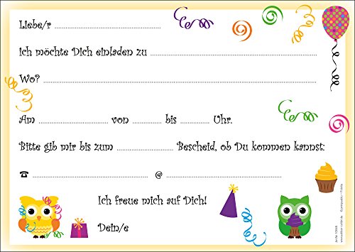 12 Eulen-Einladugskarten (Set 1): 12 lustige Eulen-Einladungen zum Kindergeburtstag oder zur Party von EDITION COLIBRI © (10645) - 2