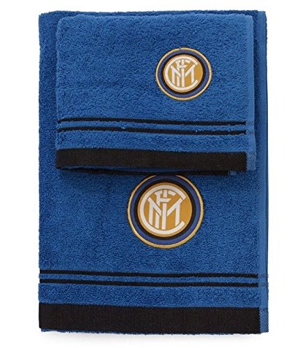 SET SPUGNA COPPIA 2 PEZZI 1+1 OSPITE 40 x 60 + ASCIUGAMANO 60 x 100 official INTER F.C. ASCIUGAMANI 100% SPUGNA DI PURO COTONE NERO AZZURRO