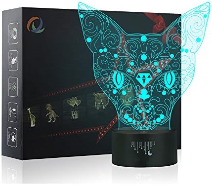 Cat Face 3D Night Light Touch Table Desk Lamp, Yunplus 7 Color Changing Optical Illusion Lights with Acrylic Flat &amp; ABS Base &amp; USB Charger for Holiday Gifts