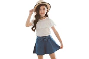 SHININGBABY Fille Tenue d'été Jupe en Jean et T-Shirt à Volants Blanc Top 2 pièces vêtements Ensemble pour Les 3-12 Ans Fille