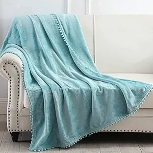 VAS COLLECTIONS All Season Flannel Comfy Soft Warm Blankets for Baby Girls and Boys/ Baby Wrapper/ Swaddle Pompom Blanket for 0 - 5 Years Kids Aqua