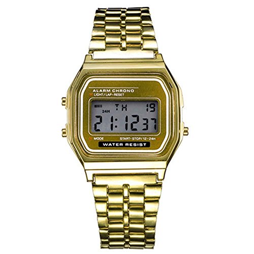 LED-Uhr Stil Echt Chrom Retro Edelstahl Band Digital Geschenk diameter of about 3.3cm gold