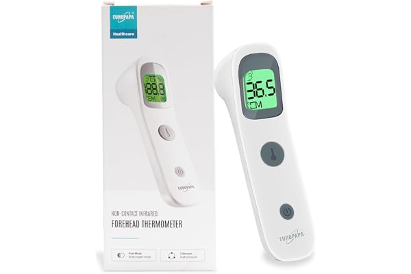 EUROPAPA Thermomètre frontal infrarouge pour bébé enfant adulte avec alarme de fièvre, interrupteur °C/°F, mémoire de mesure 30 fois, Numérique