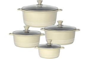 Bargain Shack Die Cast Stockpot Set - Aluminium 4Pcs Non Stick Coating Cooking Pot -Induction Stock Pot with Tempered Glass Lid with Steam Vent (20-24- 28-32 cm) (4 Pcs, Cream)