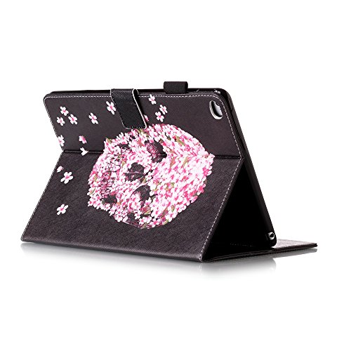 iPad Air 2/iPad 6 Leder Tasche Hülle,iPad Air 2/iPad 6 Leichter Wallet Kickstand Hülle,Herzzer Mode Hübsch [Blumen Schädel Gedruckt] Shockproof Kratzfest PU leder Mappen Geldbeutel Folio Abdeckung mit Karte Bargeld Schlitz Weiche TPU Innere Kasten Hülle Case für iPad Air 2/iPad 6 + 1 x Frei Schwarz Handy Halterung Ständer + 1 x Frei Schwarz Stift Stylus - 4