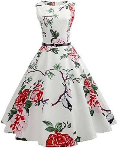 HuifengS Women's Sleeveless Dress Boatneck Vintage Floral Spring Garden Rockabilly Swing Prom Party Cocktail Dress with Belt