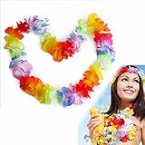  Pack 12 Collares + 12 Diademas + 24 Pulseras de flores hawaianas multicolor para 12 personas. Ideal para fiestas y celebraciones, de tela de poliéster, un material suave y duradero.