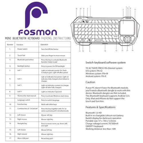 Fosmon Mini drahtlose Bluetooth-Tastatur mit Touchpad, Portable Leichtbau mini drahtloser keyboard Controller für Apple iPhone 7/6s/6s Plus/SE/5S, Samsung Galaxy S7/S7 Edge Android / Windows Smartphones, Tablette, PS3 / PS4, Laptop, Notebook und andere (Schwarz / Orange) - 7