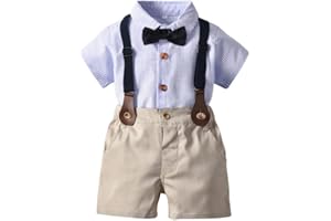 Volunboy Bébé Garçon Ensemble Costume, Manches Courtes Noeud Papillon Chemise avec Short Bretelle Barboteuse
