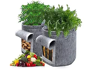 HIPPO - Non Woven Fabric - Potato Grow Bags with Flap - Planter Pot with Handles and Harvest Window for Vegetables - Grey, 14 x 14 in - Pack of 2 pcs
