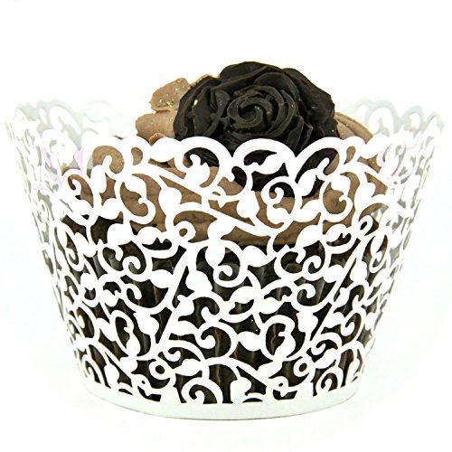 Cupcake Wrappers 100 Filigree Künstlerische backen Kuchen Papierbecher kleine Rebe Spitze Laser Cut Liner Baking Cup Muffin-Kasten Untersatz für Hochzeit Geburtstag Dekoration (Creme Weiß) - 3