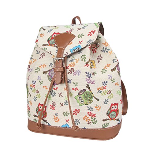Signare Womens Fashion Canvas Small Flap Buckle Rucksack Backpack Owl Design