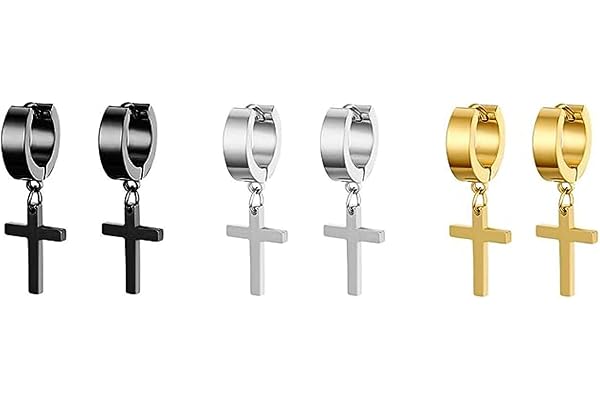 JewelryWe Paire Boucles d'oreilles Croix Anneaux à Charnière Acier Inoxydable pour Homme Femme Bijoux Avec Sac Cadeau