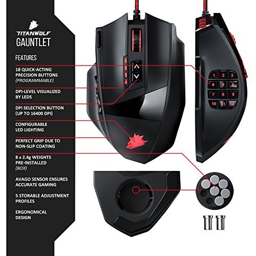 titanwolf       16000  DPI USB rat  n l  ser MMO Gaming   18  botones   alta precisi  n   configurable LED Iluminaci  n de color   Tecnolog  a de sensor Avago   MMO Gaming   incl  Software  botones programables    hasta 30  g de aceleraci  n   Conectores Chapados   dise  o ergon  mico   Plug   Play