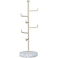 Navaris Metal Jewellery Tree Stand - 6 Tier Organiser with Marble Base - Hanger Display Holder to Store Necklaces Bracelets Rings Accessories - Gold