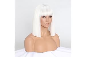 ‎SIMKAYLEE SIMKAYLEE Kurze Glatte Weiße Bob Perücke mit Pony Damen Kurz Gerade Bob Weiße Perrücke für Frauen Schulter Länge Perücken für Karneval Fasching Motto Party Halloween Cosplay Weihnachten (30 cm)