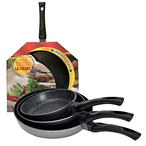Kitchen Pro - Lot de 4 Poêles en Pierre Tous Feux Dont Induction diamètre 20/24/28/32 cm + 4 disques Anti-Rayures