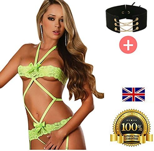 Firekitty Neon Green Lace Multi Straps Teddy Set and Bonus Choker
