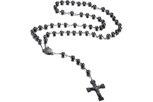 VNOX Material de aleación católica rosario benedictino con cruz colgante de cruz para hombres y mujeres, longitud de la cadena 44 cm, tamaño de la cruz 25 x 45 mm, perlas 6 mm