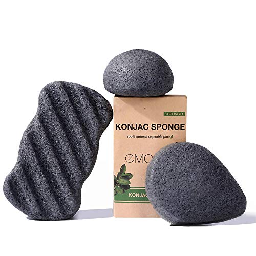 EMOCCI éponge konjac pour le visage et le corps Charbon actif de Bambou éponges exfoliantes 3 paquet