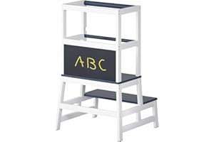 Spielwerk® Tour d'Observation Montessori Anthracite Enfant Dès 18 Mois - Chaise Haute Bébé Jouet Bebe 1 an - Cuisine Enfant - Bois de Pin Véritable Sécurisé avec Tableau Noir