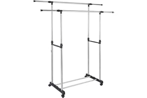 DECODEKO Perchero Doble de pie Burro con ruedas doble de metal extensible 80 x 43 x 90-160 cm (Doble barra - longitud ajustable)