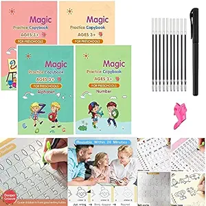 TT-POWER Magic Calligraphy Books For Kids (4 Books 1 Pen 1 Hand Grip 10 Refill) Self Deleting Reusable Number Tracing Alphabets writing for Kids age 3+