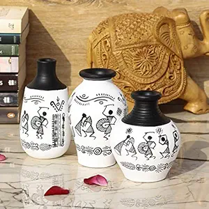 Vintage Gulley Terracotta Pot with Warli Hand Painted (3 Pot Combo) (White 1)