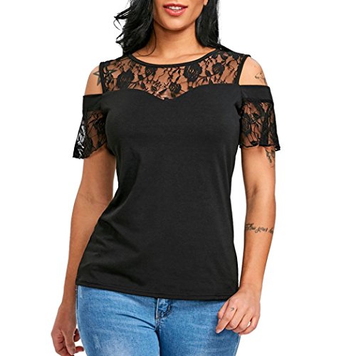 Preisvergleich Produktbild Damen Bekleidung DOLDOA Frauen Elegante Frühling Spitze Spleißen Oberteile Slim Hemd Bluse Casual Tops Kurzarm Solide O-Ausschnitt Trägerloser T-Shirt Mode Frühjahr-Sommer Blusen Schöne Pullover Sweatshirt (EU:42,Schwarz - 1)