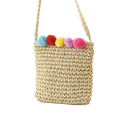 Preisvergleich Produktbild Handtasche Rattan Grass Woven Bag Casual Tasche Schultertasche mit Farbiger Plüschball Stroh Woven Bag, Damen-Strohsack