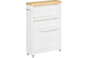 kleankin Armario Auxiliar de Baño Carrito de Almacenaje de 3 Estantes con Ruedas y Manija Lateral para Espacios Estrechos Cocina Dormitorio 50x13x67,5 cm Blanco