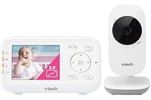 VTech Babyphone Camera, BM3255 Bébé Moniteur Vidéo 480P,Écran de 2,8 Pouces, Vision Nocturne, Fonction interphone, capteur de température, Berceuses, VOX, Blanc