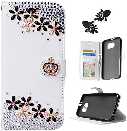 Samsung Galaxy S6 Case, 3D Bling Rhinestone Crown Butterfly Flower for Samsung Galaxy s6 Cover, Premium Leather Flip Wallet Case with Free Gift Earrings
