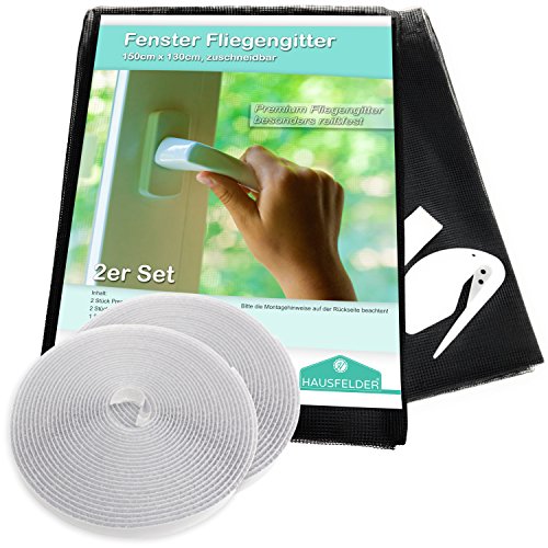 Preisvergleich Produktbild Hausfelder Insektenschutz Fliegengitter für Fenster 2er Set, 150x130 cm zuschneidbar und durchsichtig, einsetzbar als Fliegenschutz Fenstergitter und Pollenschutzgitter