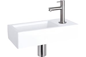 Differnz Helios Lavabo, Lave main Céramique Blanche, Robinet Froide à Droite, Chrome Mat, Vasque, Ensemble Complet, Pour Salle de Bain - 37.5 x 18 x 9.5 cm