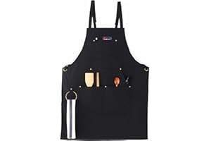 DARBERMU Black Cotton Aprons for Men & Women - 4 Pocket, Adjustable Strap Chef Apron for Cooking, Baking, BBQ, Cafe, Gardening
