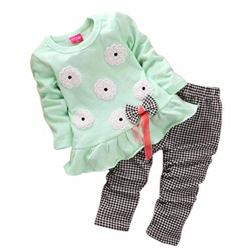 Koly Newborn Baby Clothing Sets Long-Sleeved Kids Girls Flower Bow Shirt Plaid Pant Set+1 baby headband