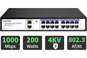 Goalake 18 Port Gigabit Ethernet Unmanaged PoE+ Switch, 16 Gigabit PoE+ @200W, 2 Gigabit Uplink, 802.3af/at, VLAN Mode, AI Detection, Ideal for IP Surveillance and Access Point