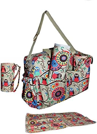 Baby maternity changing Bag 3 in 1 Shoulder bag plus baby Changing Mat plus matching Thermal Baby bottle holder Owl Pattern (Beige)