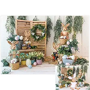 Allenjoy 7x5ft Spring Easter Backdrop Hare Rabbits Colorful Eggs Rustic Wood Floor Photography Background for Kids Children Newborn Baby Shower Birthday Party Decor Banner Portrait Photo Booth Props