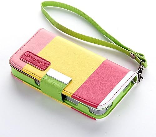 DCJ Products iPhone 4/4S Premium Leather Wallet FlCase Pink/Yellow Striped with Free Screen Protector and Cloth (Pink/Green/Yello)