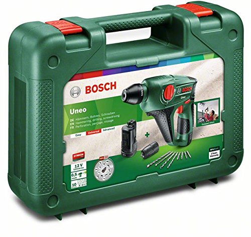 Bosch DIY Akku-Bohrhammer Uneo, 2 Akku, Ladegerät, Rundschaftadapter, 2 SDS-Quick Betonbohrer, 2 Hex-Schaft Bohrer, 4 Bits, Koffer (12 V, 2,5 Ah, 10 mm Bohr-Ø Beton) - 2