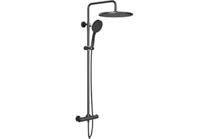 Rainsworth Columna de ducha con mezclador termostático, rociador de 30cm, teleducha de 5 chorros, set de ducha regulable en altura con termostato, negro