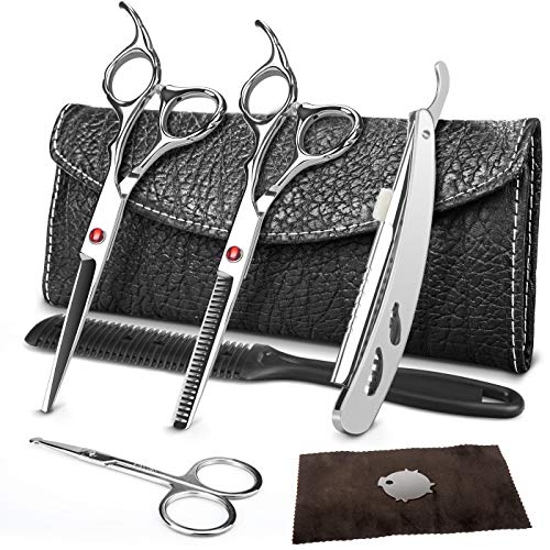 DONIX Tijeras Peluquería Profesional 6.0 - Set de Tijeras de Corte Pelo Cabello de Acero Inoxidable Barbero para Peluquero y Salón con Navaja Raspador,Cortadora de Nariz,Peine,Estuche