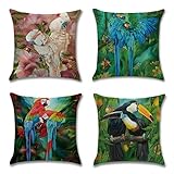 Artscope Housse de Coussin Decoration Canapé, Lot de 4 Coton et Lin Décoratif Taie d'oreiller de Voiture Maison Décor Housses de Coussin 45 x 45 cm (Perroquet)