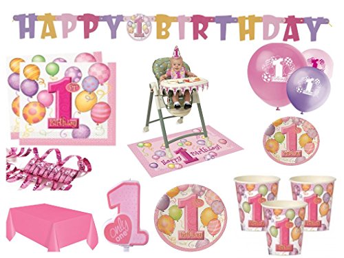 XXL Party Deko Set 1.Geburtstag rosa für 16.Personen Kindergeburtstag