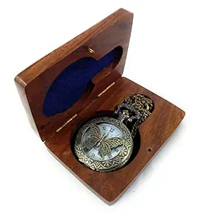 Kartique Full Hunter Pocket Watch with Chain |Butterfly Cover | Roman Number Dial | Pendant | Necklace | Locket | Antique | Vintage Gandhi Style | with Wooden Box