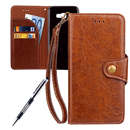 Galaxy A5 2017 Case, Galaxy A5 2017 Cover, JAWSEU [Shock-Absorption] Luxury Solid Retro Premium PU Leather Flip Cover for Samsung Galaxy A5(2017) SM-A520F Protector Skin with Soft Silicone Case Credit ID Card Slots Magnetic Closure Kickstand Strap Phone Pouch Smartphone Shell Protective Wallet Case for Samsung Galaxy A5 2017 + Stylus Pen - Brown