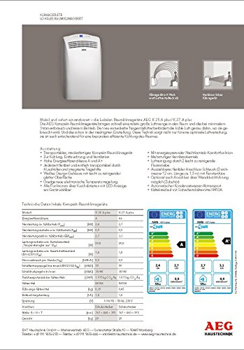 AEG 231591 K25 A plus Mobiles Kompakt Klimagerät 3 in 1 Klimaanlage Kühlung, Entfeuchtung, Ventilation, 2,4 kW, Schalldruckpegel 38/48 db, Energieeffizienzklasse A (EER 2,84) - 3